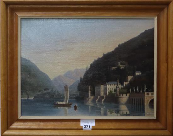 19th Century English School, oil on canvas, view of Villa Taverna, Torno, Lake Como, Italy, signed JK, 1854, 34 x 46cm